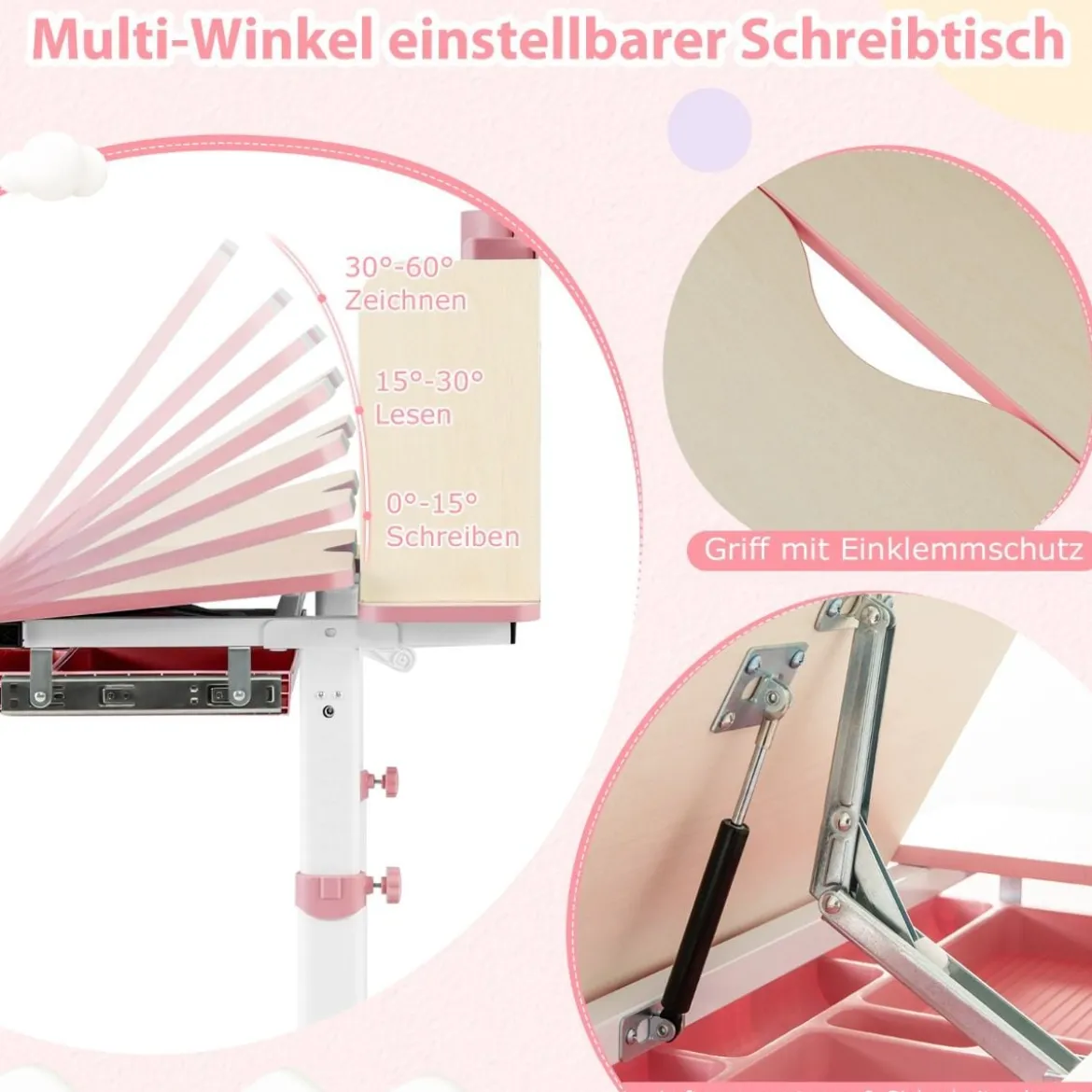 Höhenverstellbarer Kinderschreibtisch mit Neigbarer Tischplatte & Regalen & Schublade Studiertisch