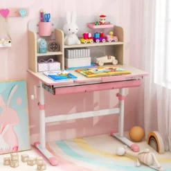 Höhenverstellbarer Kinderschreibtisch mit Neigbarer Tischplatte & Regalen & Schublade Studiertisch