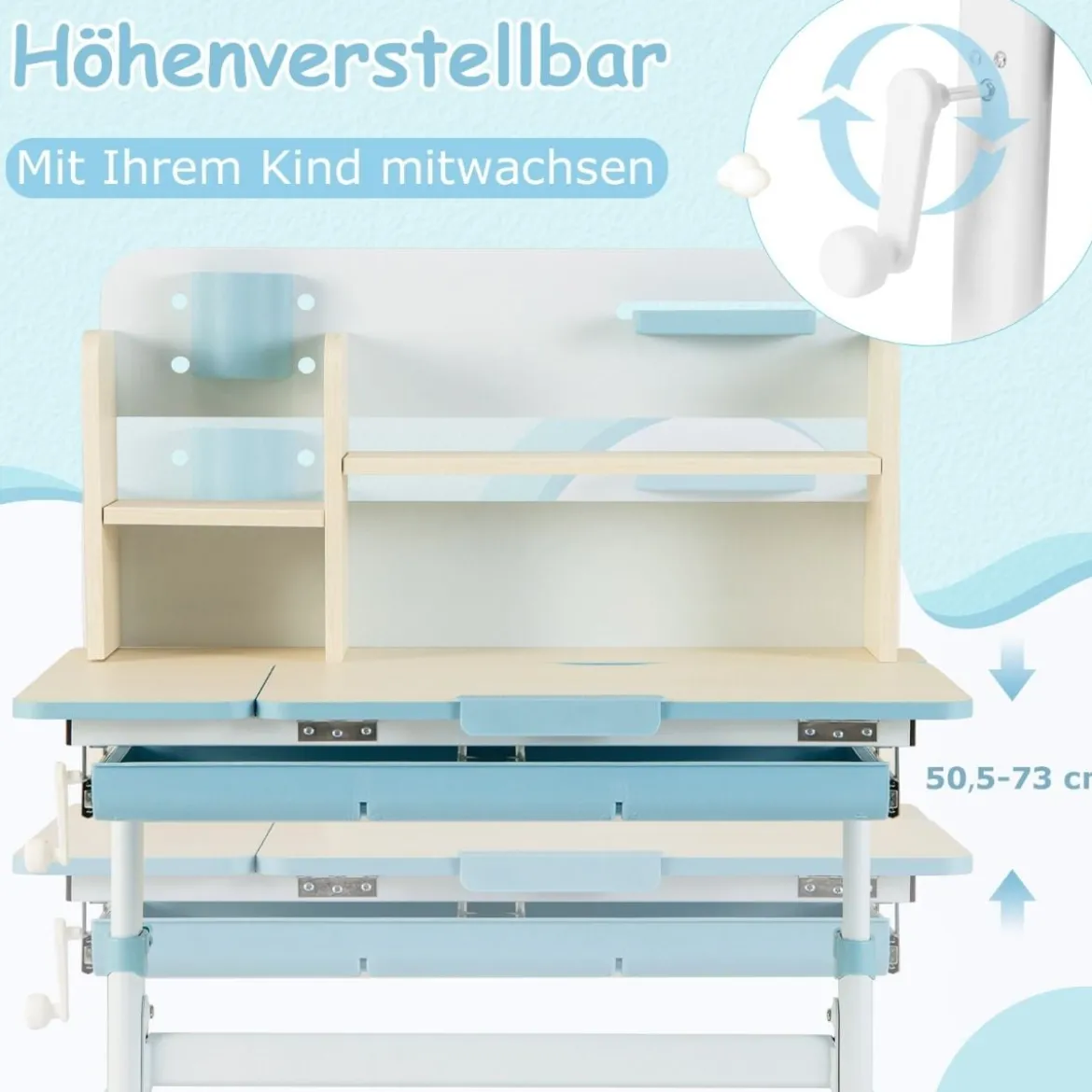 Höhenverstellbarer Kinderschreibtisch mit Neigbarer Tischplatte & Regalen & Schublade Studiertisch