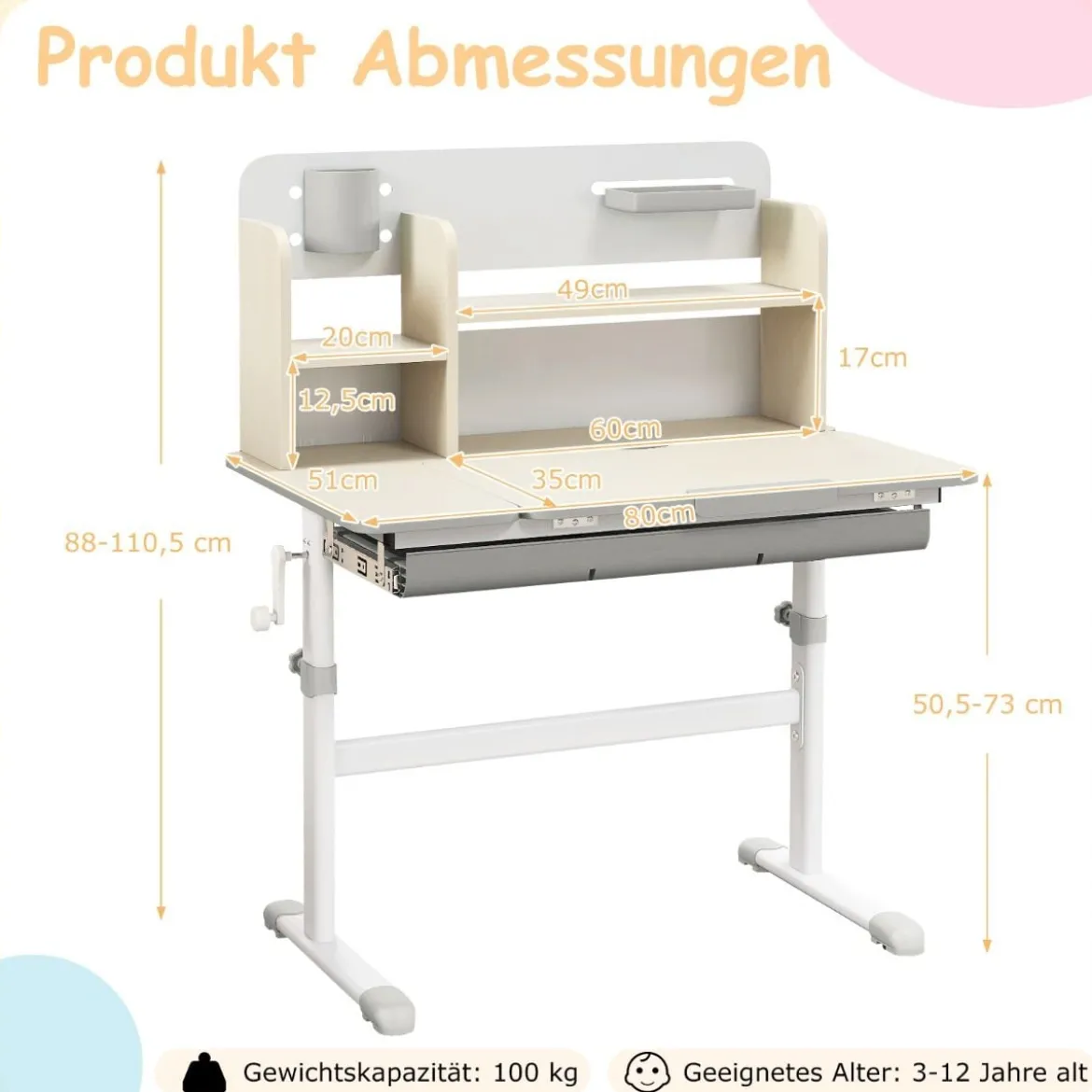 Höhenverstellbarer Kinderschreibtisch mit Neigbarer Tischplatte & Regalen & Schublade Studiertisch