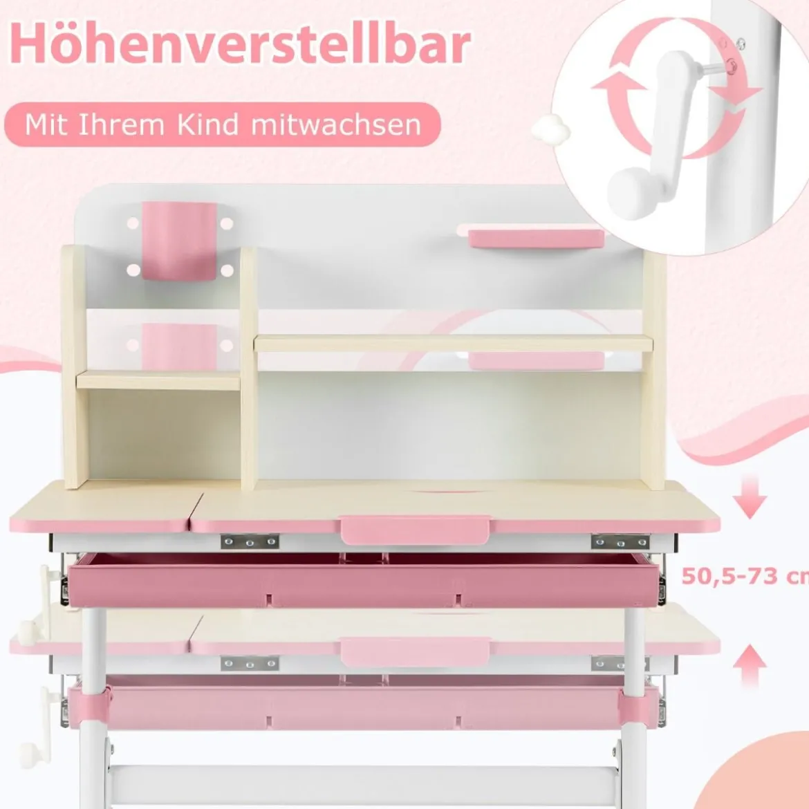 Höhenverstellbarer Kinderschreibtisch mit Neigbarer Tischplatte & Regalen & Schublade Studiertisch