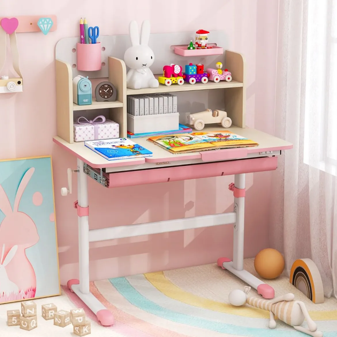 Höhenverstellbarer Kinderschreibtisch mit Neigbarer Tischplatte & Regalen & Schublade Studiertisch