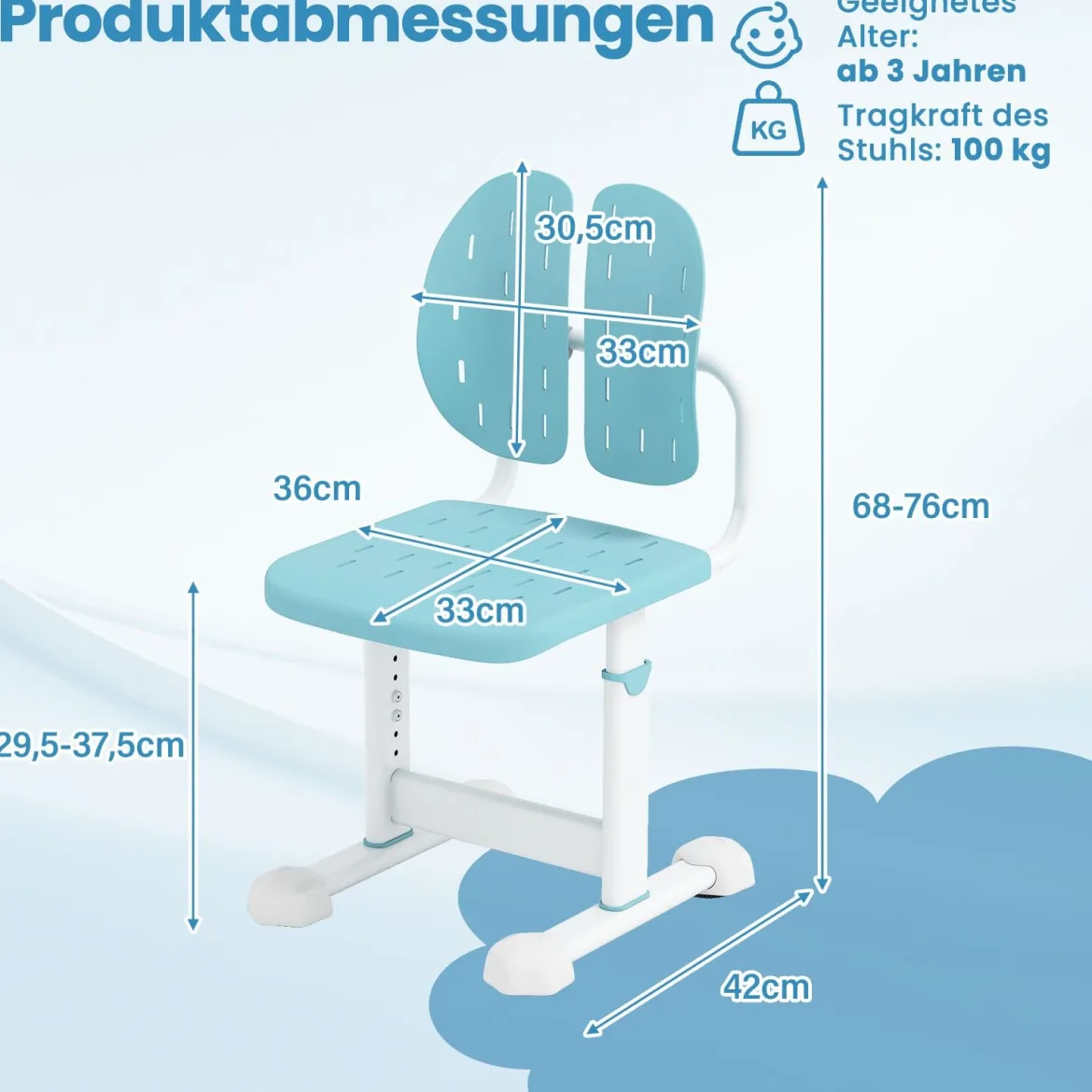 Höhenverstellbarer Kinderstuhl Kinder-Schreibtischstuhl Kinder-Studienstuhl mit Doppel-Rückenstütze Blau/Grau/Rosa