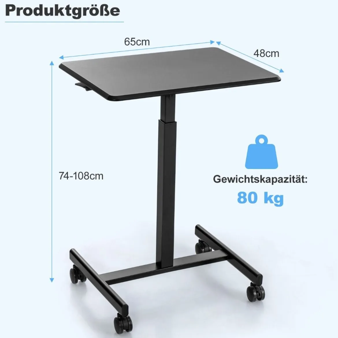 Höhenverstellbarer Laptop-Schreibtisch mit 4 Rädern Computertischwagen Pflegetisch bis zu 80 kg belastbar Schwarz