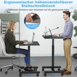 Höhenverstellbarer Laptop-Schreibtisch mit 4 Rädern Computertischwagen Pflegetisch bis zu 80 kg belastbar Schwarz
