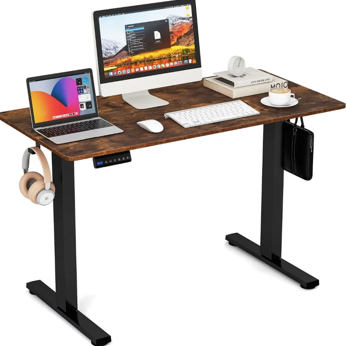 Höhenverstellbarer Schreibtisch 120 x 60 cm elektrischer Stehschreibtisch Rustikales Braun + Schwarz