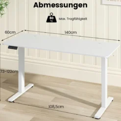 Höhenverstellbarer Schreibtisch 140 x 60 cm elektrischer Stehschreibtisch Weiß