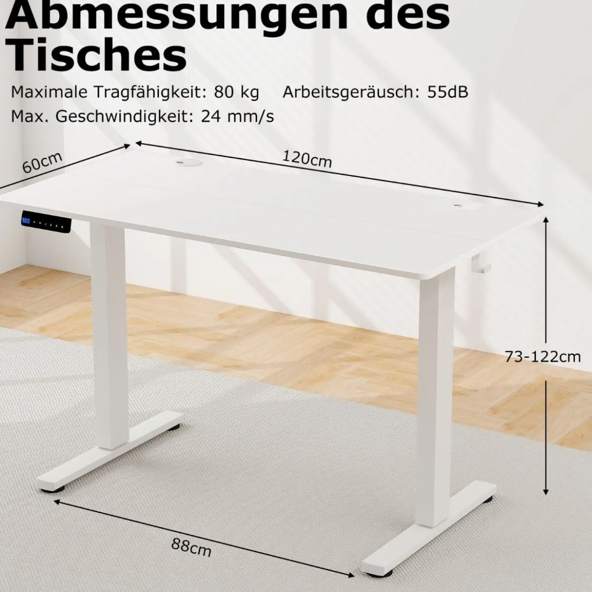 Höhenverstellbarer Schreibtisch 120 x 60 cm elektrischer Stehschreibtisch Rustikales Weiß