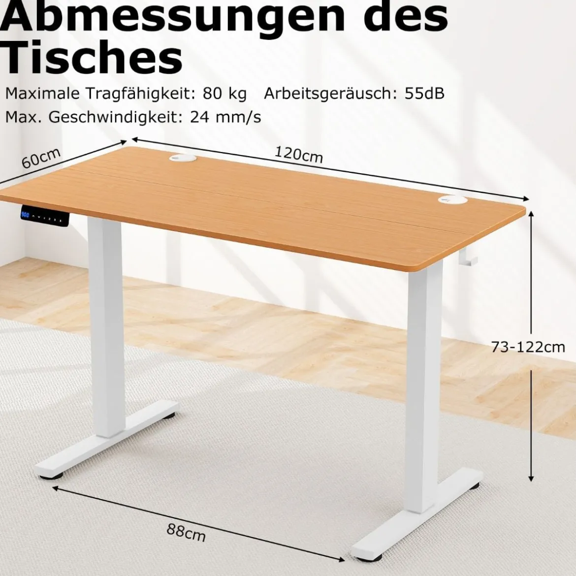 Höhenverstellbarer Schreibtisch 120 x 60 cm elektrischer Stehschreibtisch Rustikales Natur + Weiß