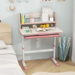 Höhenverstellbarer Schreibtisch mit Neigbarer Tischplatte & Schublade & Regal Kinder Studiertisch