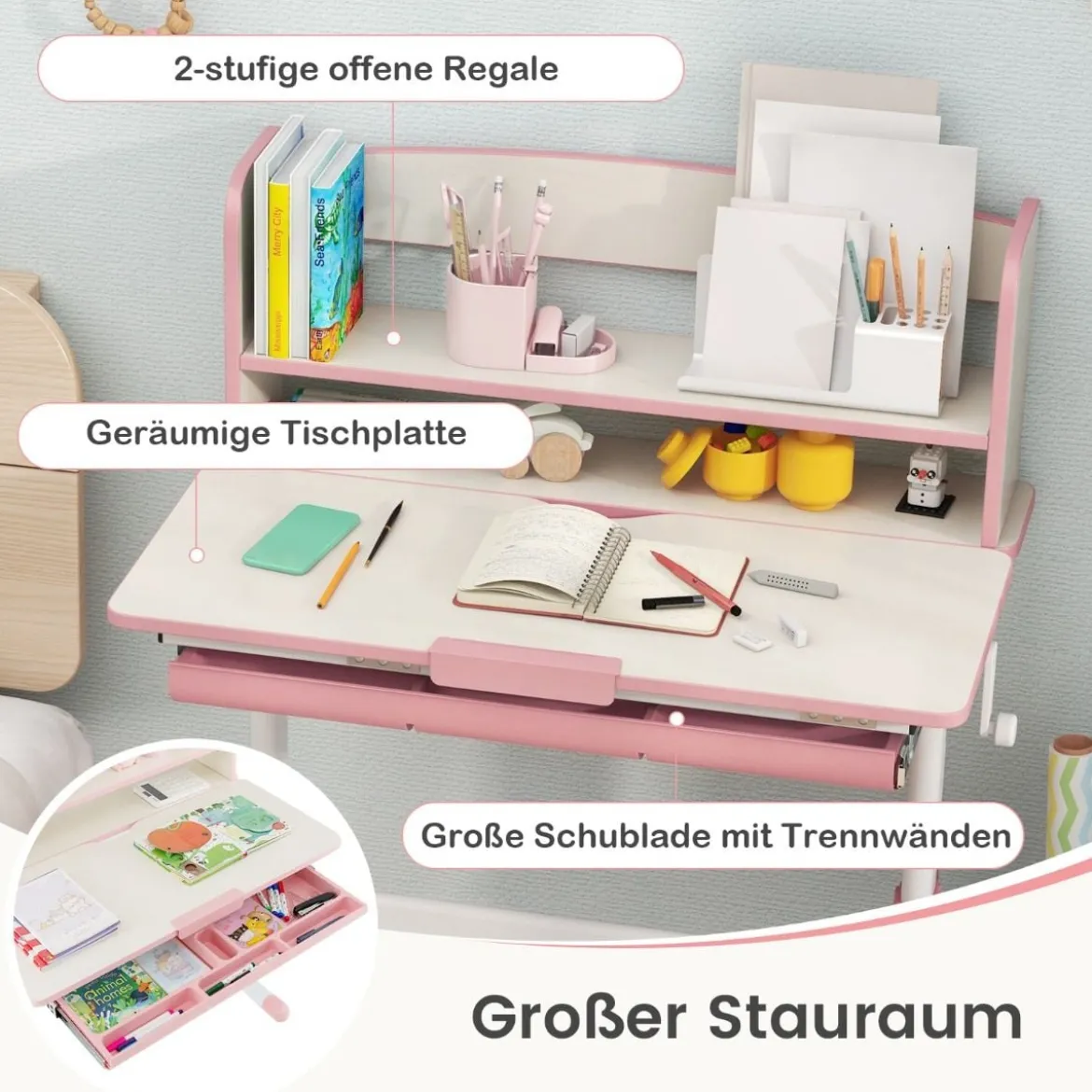 Höhenverstellbarer Schreibtisch mit Neigbarer Tischplatte & Schublade & Regal Kinder Studiertisch