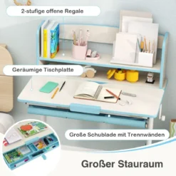 Höhenverstellbarer Schreibtisch mit Neigbarer Tischplatte & Schublade & Regal Kinder Studiertisch