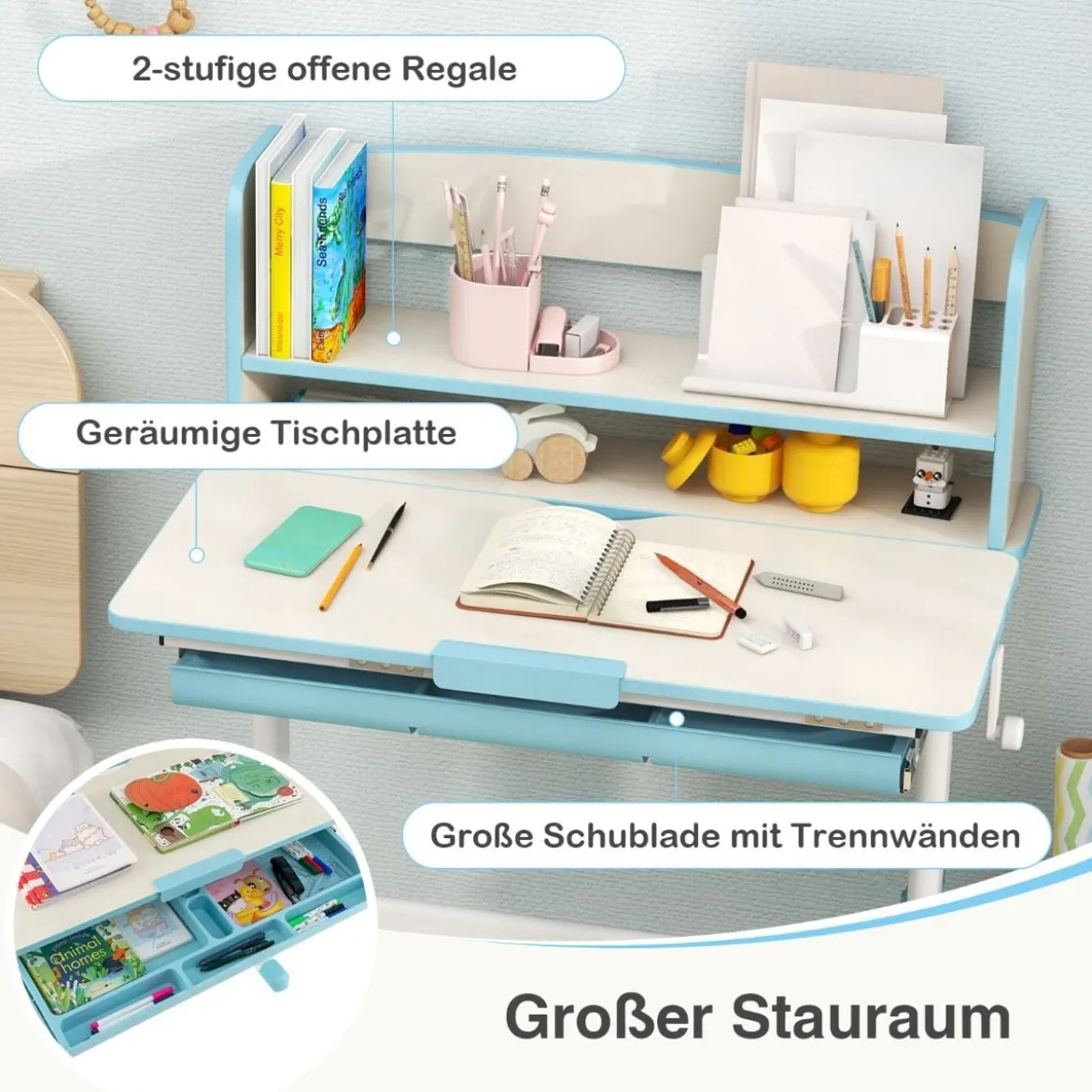 Höhenverstellbarer Schreibtisch mit Neigbarer Tischplatte & Schublade & Regal Kinder Studiertisch