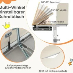 Höhenverstellbarer Schreibtisch mit Neigbarer Tischplatte & Schublade & Regal Kinder Studiertisch