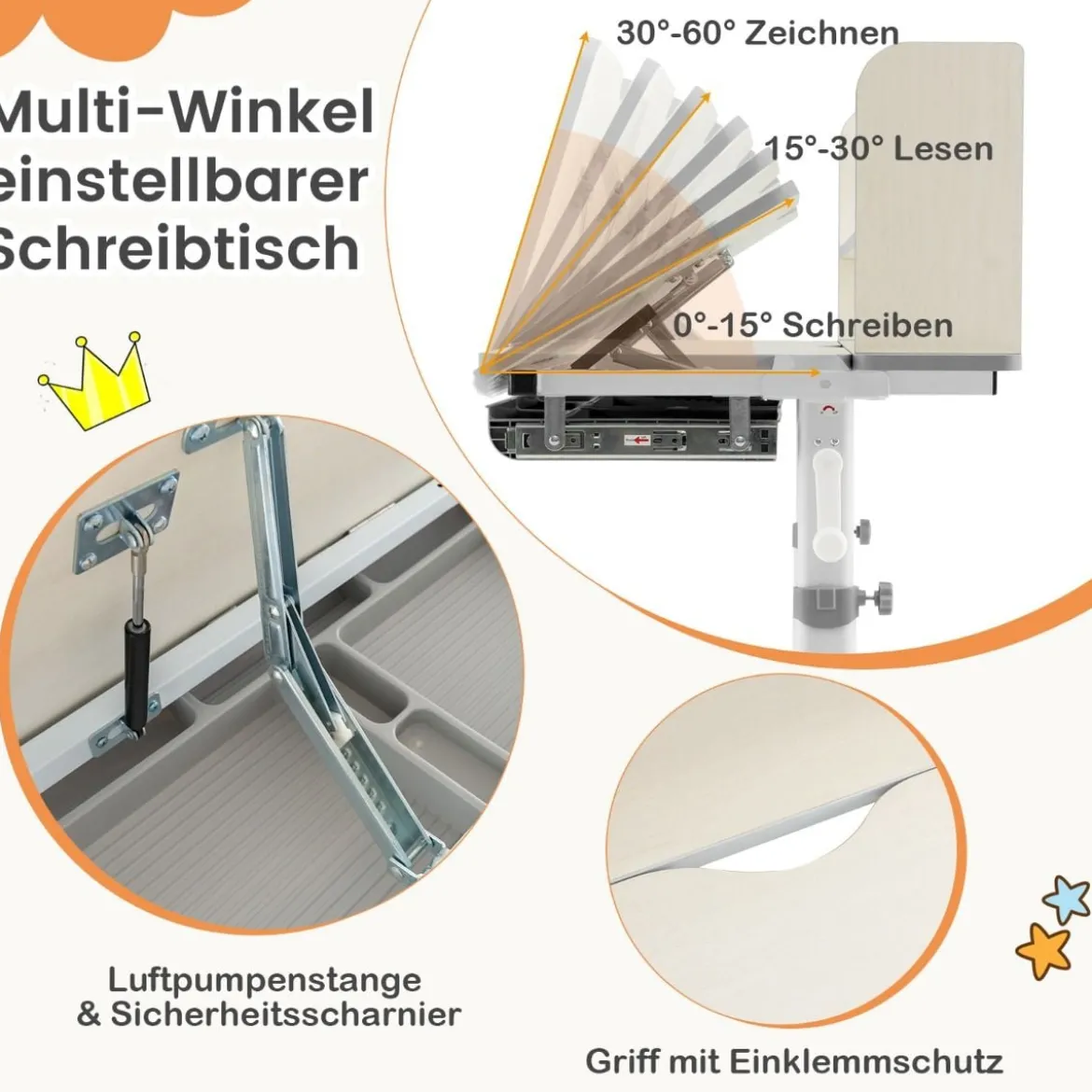 Höhenverstellbarer Schreibtisch mit Neigbarer Tischplatte & Schublade & Regal Kinder Studiertisch