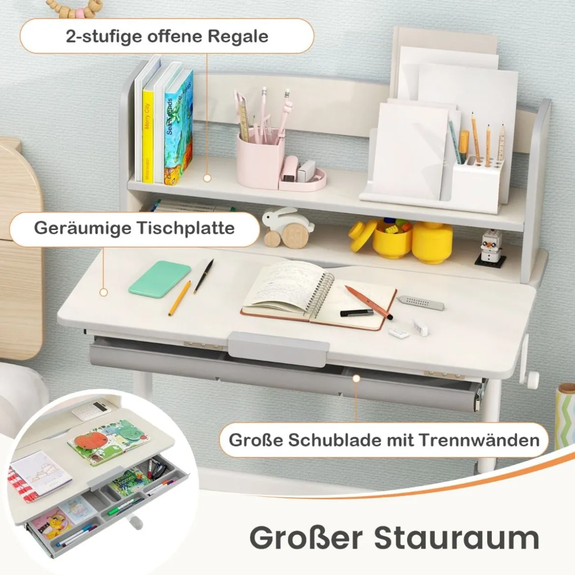 Höhenverstellbarer Schreibtisch mit Neigbarer Tischplatte & Schublade & Regal Kinder Studiertisch