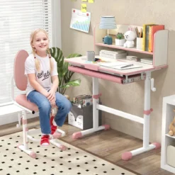 Höhenverstellbarer Schreibtisch mit Neigbarer Tischplatte & Schublade & Regal Kinder Studiertisch