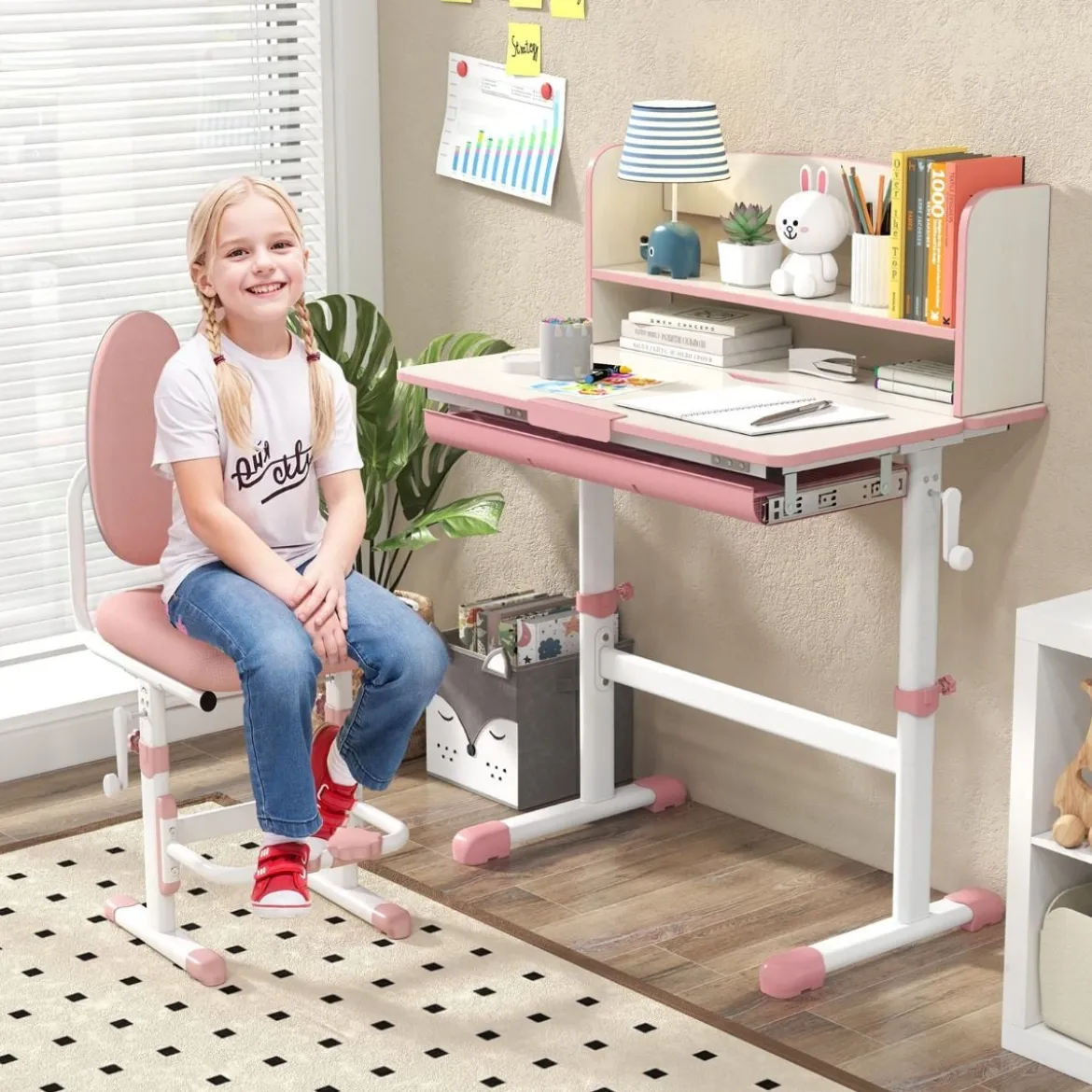 Höhenverstellbarer Schreibtisch mit Neigbarer Tischplatte & Schublade & Regal Kinder Studiertisch