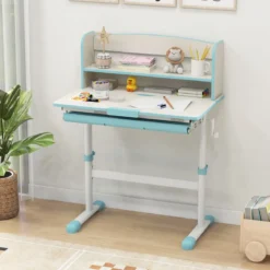 Höhenverstellbarer Schreibtisch mit Neigbarer Tischplatte & Schublade & Regal Kinder Studiertisch
