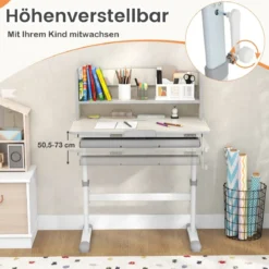 Höhenverstellbarer Schreibtisch mit Neigbarer Tischplatte & Schublade & Regal Kinder Studiertisch