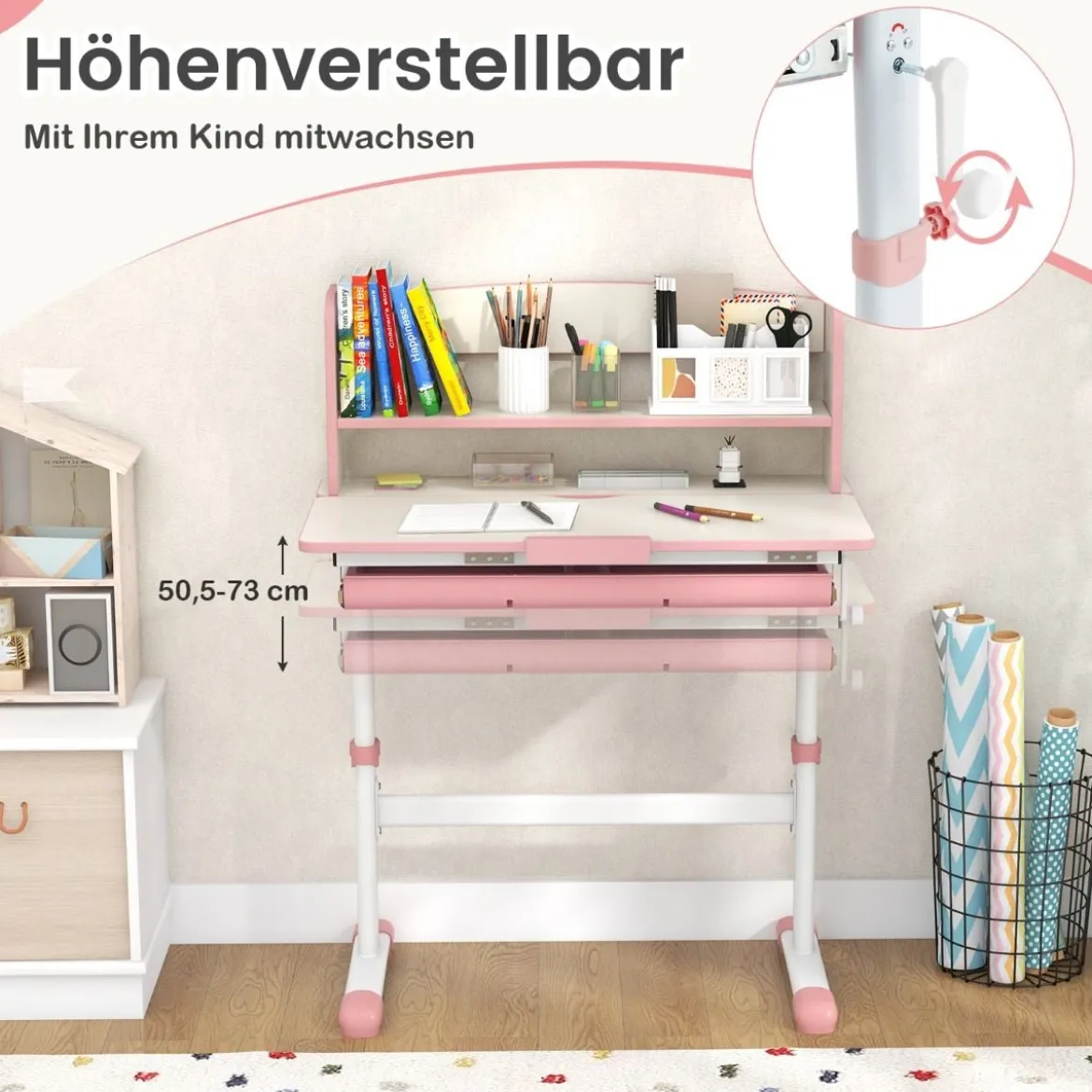 Höhenverstellbarer Schreibtisch mit Neigbarer Tischplatte & Schublade & Regal Kinder Studiertisch