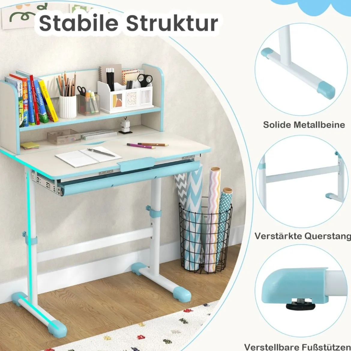 Höhenverstellbarer Schreibtisch mit Neigbarer Tischplatte & Schublade & Regal Kinder Studiertisch