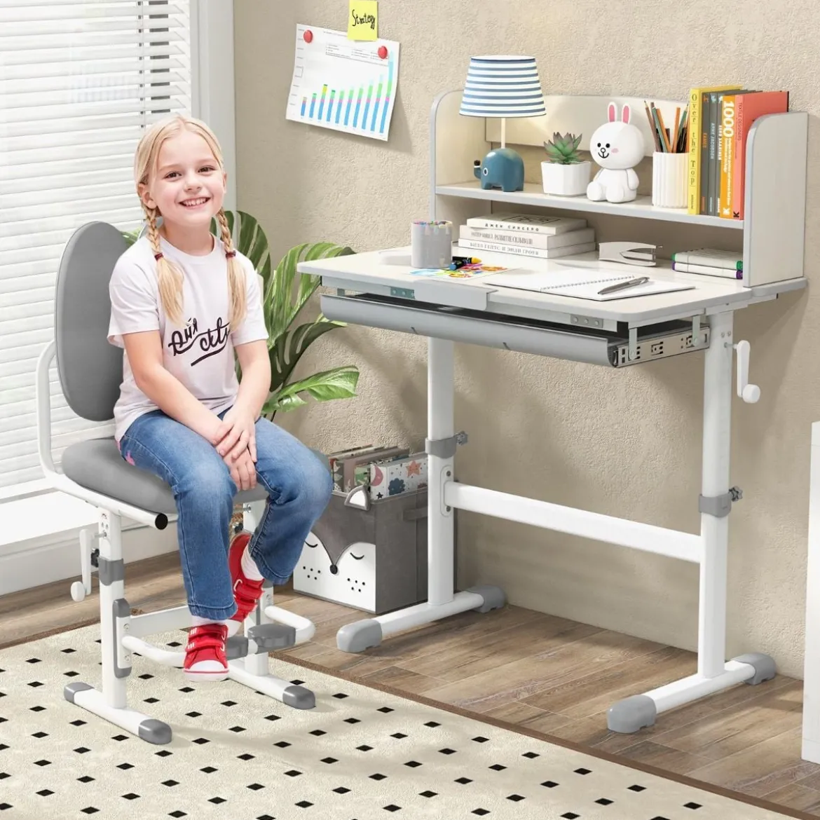 Höhenverstellbarer Schreibtisch mit Neigbarer Tischplatte & Schublade & Regal Kinder Studiertisch