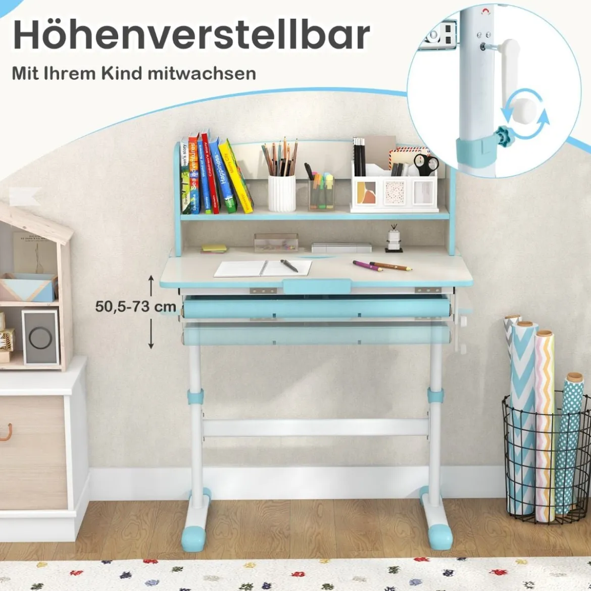 Höhenverstellbarer Schreibtisch mit Neigbarer Tischplatte & Schublade & Regal Kinder Studiertisch