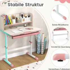 Höhenverstellbarer Schreibtisch mit Neigbarer Tischplatte & Schublade & Regal Kinder Studiertisch