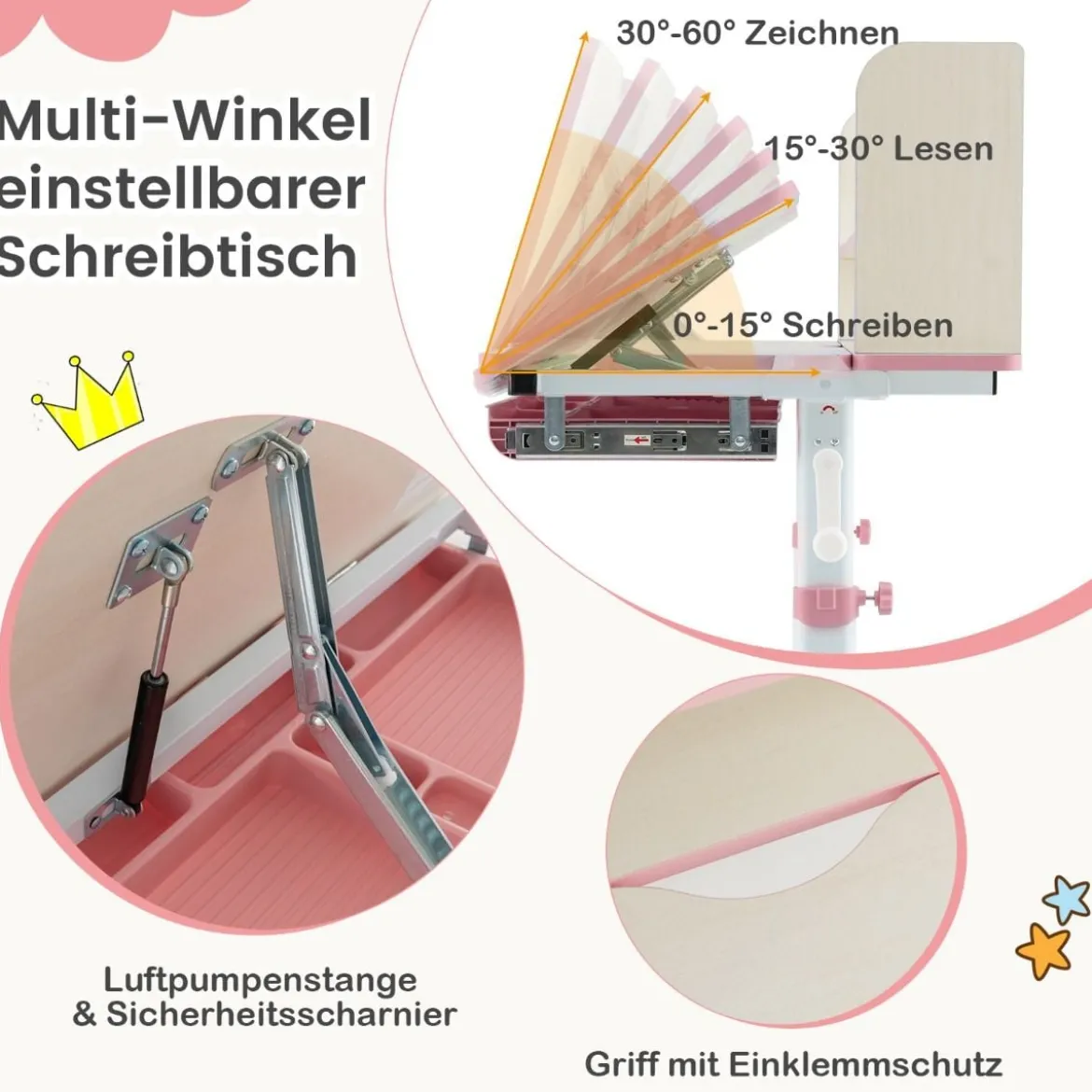 Höhenverstellbarer Schreibtisch mit Neigbarer Tischplatte & Schublade & Regal Kinder Studiertisch