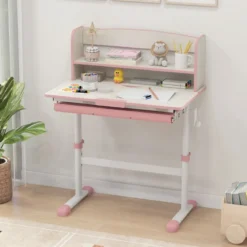 Höhenverstellbarer Schreibtisch mit Neigbarer Tischplatte & Schublade & Regal Kinder Studiertisch