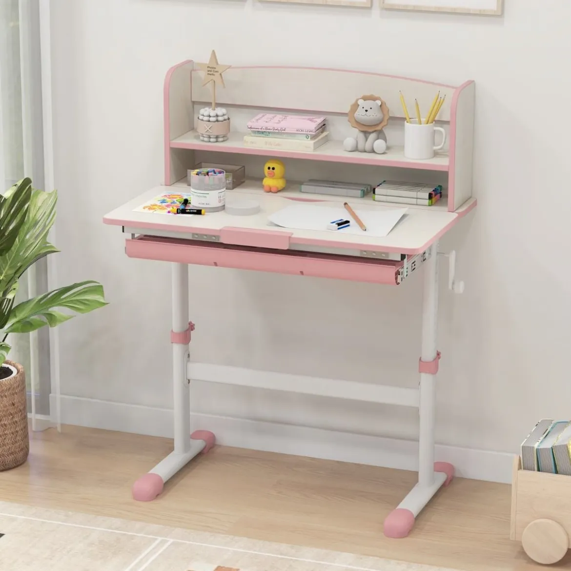 Höhenverstellbarer Schreibtisch mit Neigbarer Tischplatte & Schublade & Regal Kinder Studiertisch