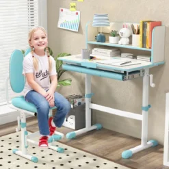 Höhenverstellbarer Schreibtisch mit Neigbarer Tischplatte & Schublade & Regal Kinder Studiertisch