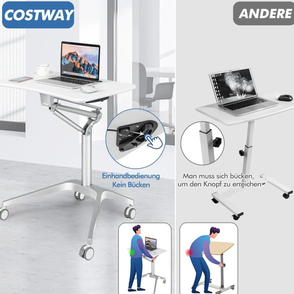 Höhenverstellbarer Schreibtisch Mobiler Laptoptisch mit Rollen 75 x 60 x 78-107 cm Weiß + Silber