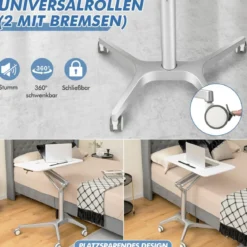 Höhenverstellbarer Schreibtisch Mobiler Laptoptisch mit Rollen 75 x 60 x 78-107 cm Weiß + Silber