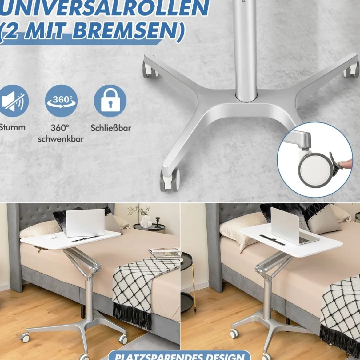 Höhenverstellbarer Schreibtisch Mobiler Laptoptisch mit Rollen 75 x 60 x 78-107 cm Weiß + Silber