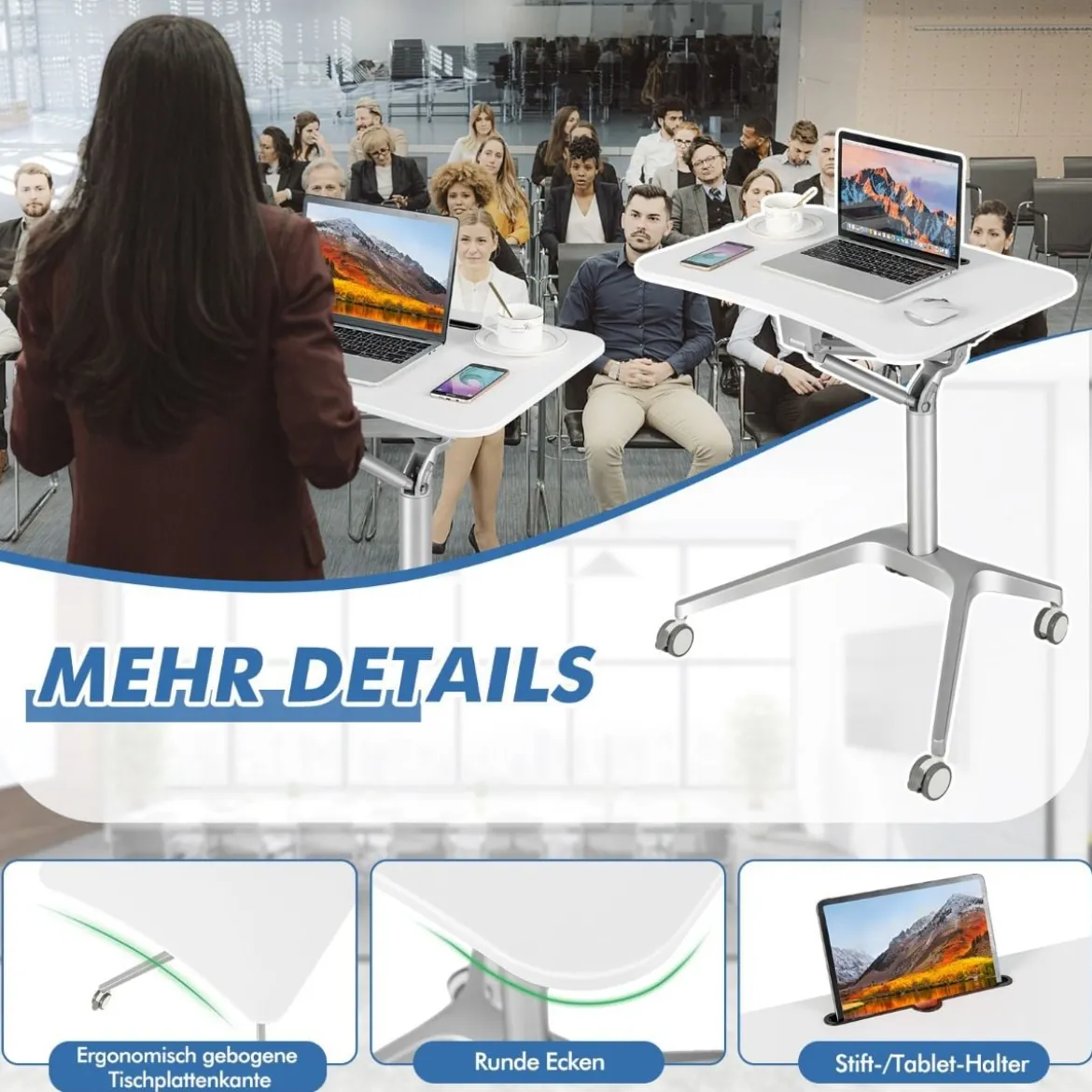Höhenverstellbarer Schreibtisch Mobiler Laptoptisch mit Rollen 75 x 60 x 78-107 cm Weiß + Silber