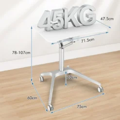 Höhenverstellbarer Schreibtisch Mobiler Laptoptisch mit Rollen 75 x 60 x 78-107 cm Weiß + Silber