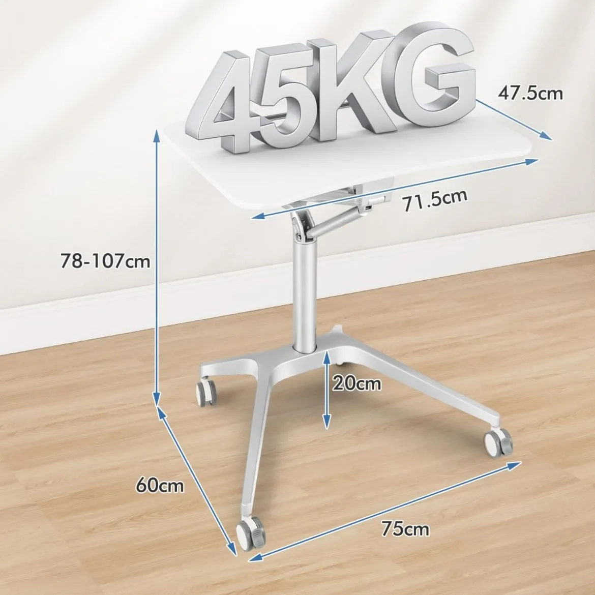 Höhenverstellbarer Schreibtisch Mobiler Laptoptisch mit Rollen 75 x 60 x 78-107 cm Weiß + Silber