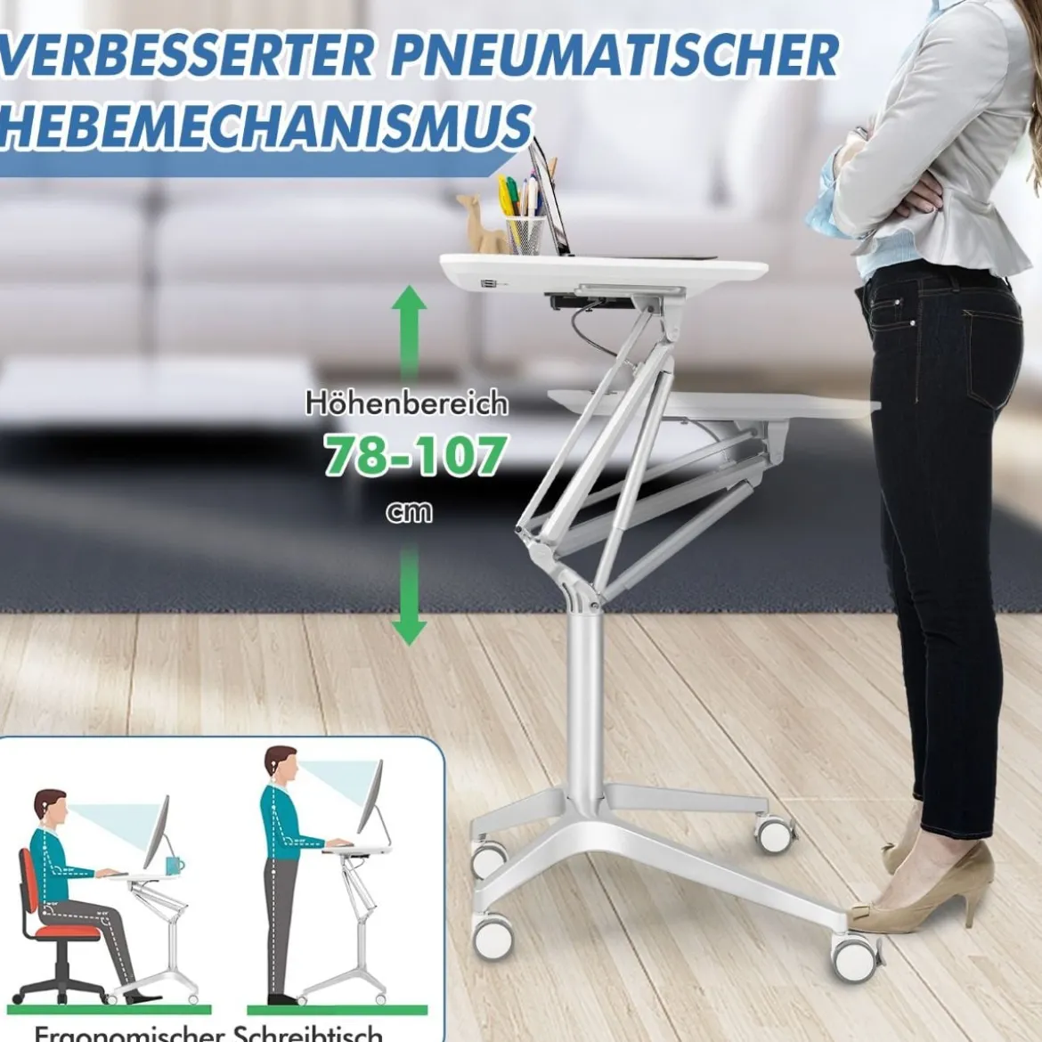 Höhenverstellbarer Schreibtisch Mobiler Laptoptisch mit Rollen 75 x 60 x 78-107 cm Weiß + Silber