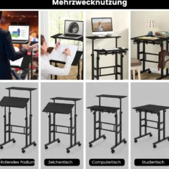 Höhenverstellbarer Sitz-Steh Schreibtisch mit 2-stufiger Computerarbeitsplatz auf Rollen Schwarz