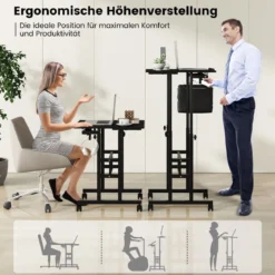 Höhenverstellbarer Sitz-Steh Schreibtisch mit 2-stufiger Computerarbeitsplatz auf Rollen Schwarz