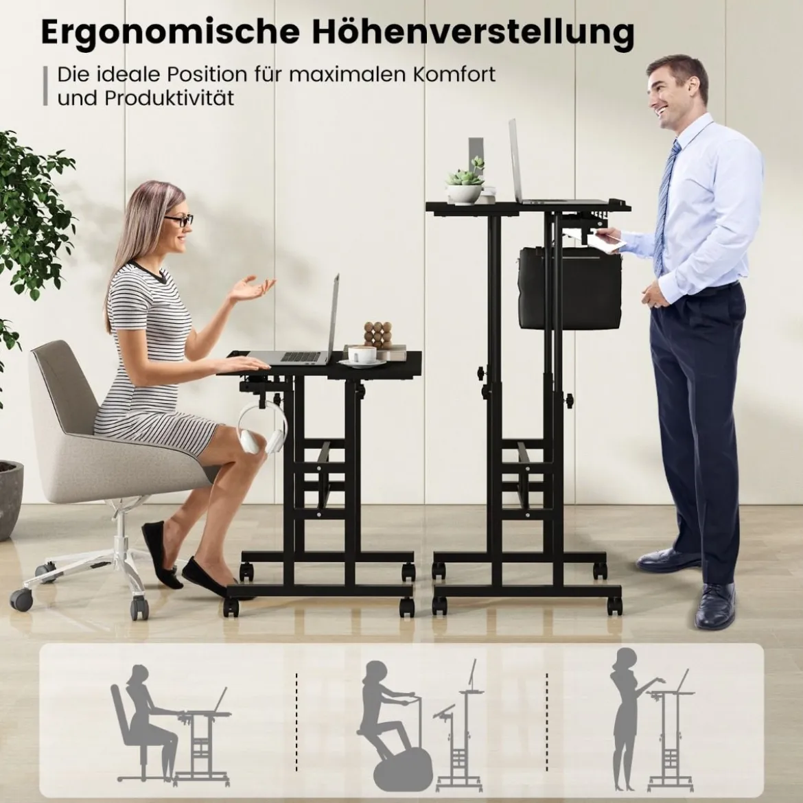Höhenverstellbarer Sitz-Steh Schreibtisch mit 2-stufiger Computerarbeitsplatz auf Rollen Schwarz