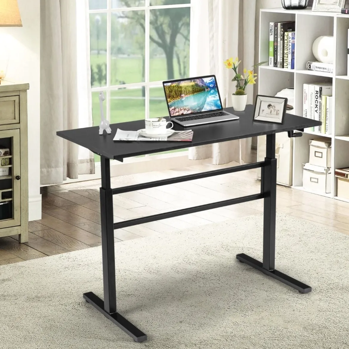 Höhenverstellbarer Stehtisch Sitz-Steh-Schreibtisch mit Kurbelgriff 120 x 60 x 75-113 Schwarz
