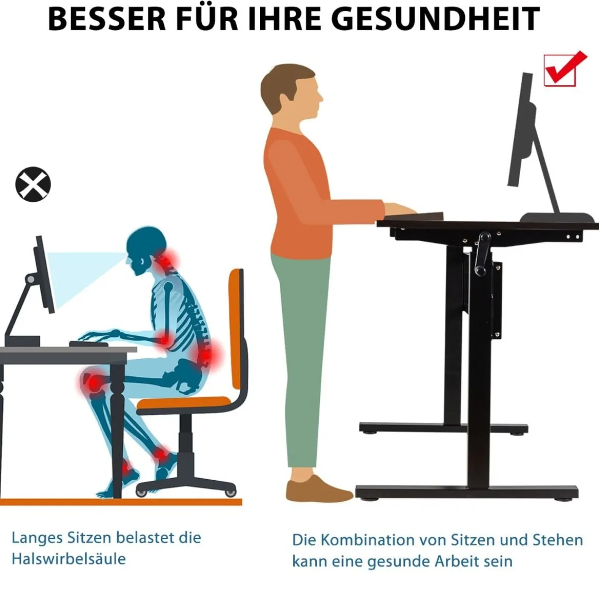 Höhenverstellbarer Stehtisch Sitz-Steh-Schreibtisch mit Kurbelgriff 120 x 60 x 75-113 Schwarz