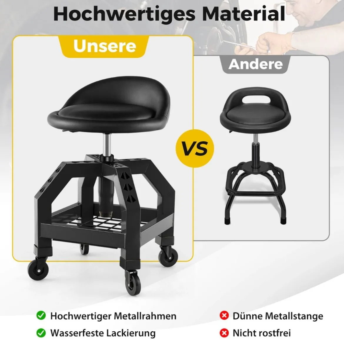 Höhenverstellbarer Werkstatthocker 150 kg Tragkraft mit Werkzeugablage Werkstattstuhl