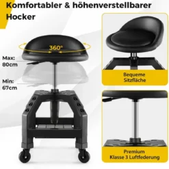 Höhenverstellbarer Werkstatthocker 150 kg Tragkraft mit Werkzeugablage Werkstattstuhl