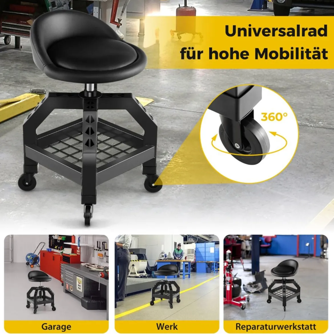 Höhenverstellbarer Werkstatthocker 150 kg Tragkraft mit Werkzeugablage Werkstattstuhl
