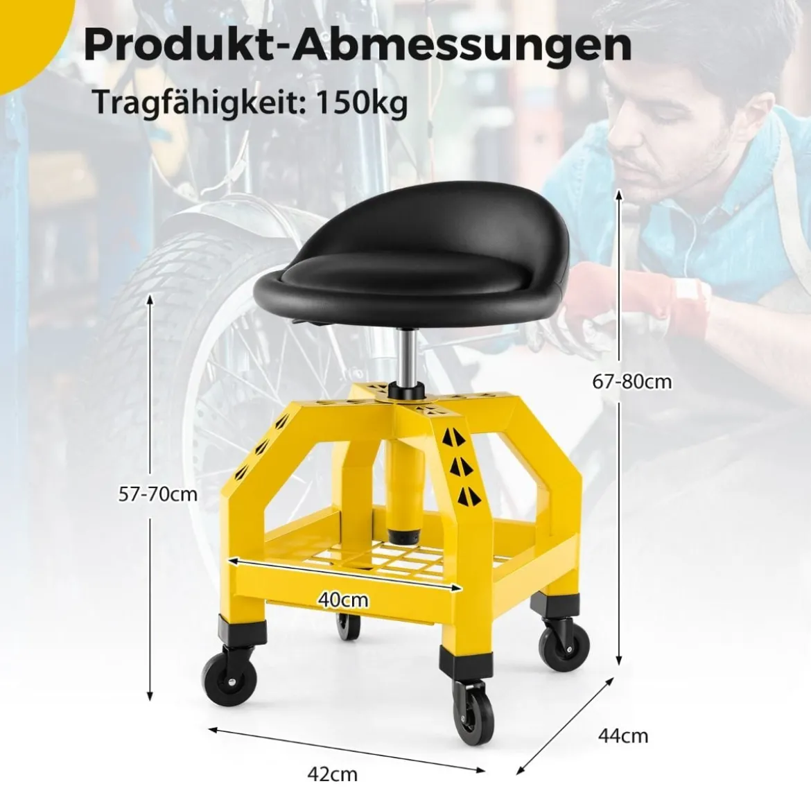 Höhenverstellbarer Werkstatthocker 150 kg Tragkraft mit Werkzeugablage Werkstattstuhl