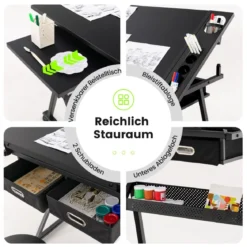 Höhenverstellbarer Zeichentisch mit Hocker & Neigbarer Tischplatte & 2 Schubladen Schwarz
